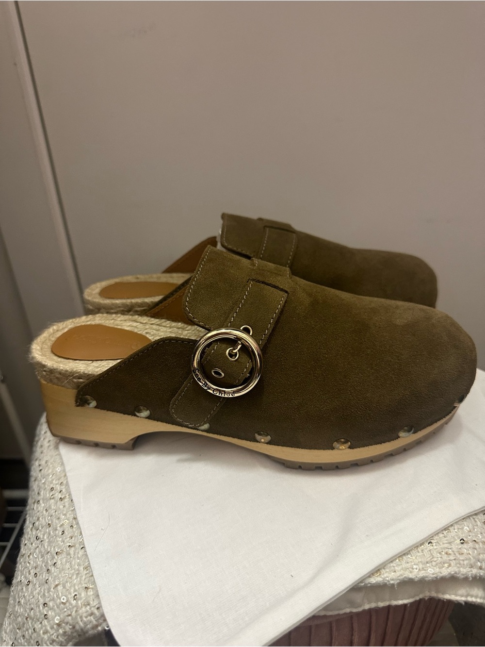 NEW IN BOX See By Chloe Olive Suede Buckle Clog Mule Size 39